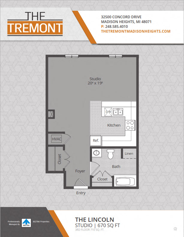 Floor plan for studio, 1 bath, 670 sqft